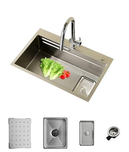 Fregadero Cocina Acero Inoxidable Plateado 70×45cm,Fregadero Cocina 1 Seno,2 Orificios para Grifo,Kit Completo con Canasta,Bandeja de descongelación,Cestade Desagüe,Sifón