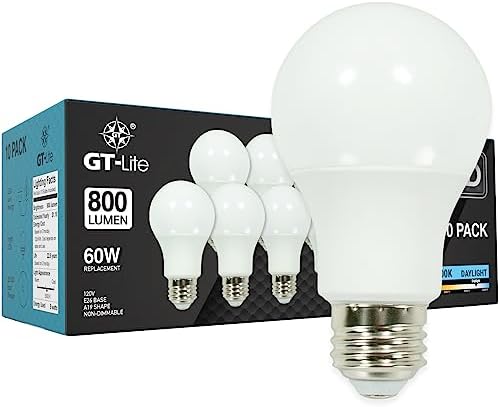 GT-Lite A19 LED Light Bulbs 10 Packs, 60W Equivalent, 5000K Daylight, 9W 800 Lumens LED Bulbs, E26 Base Standard Light Bulbs