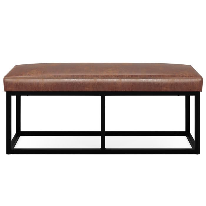 Faux Leather Upholstered Bench with Black Metal Frame, Brown Modern Industrial Furniture, Black Metal Frame, entryway Seating, Bedroom Footboard Bench.-image-48