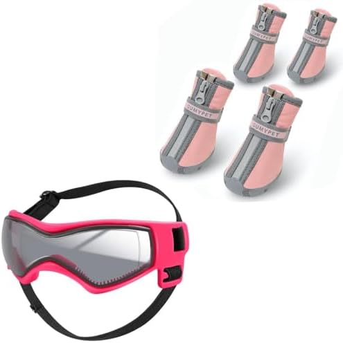 QUMY Pink Dog Shoes Small Size 2 and Pink Dog Goggles for Outdoor...