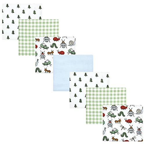 Image of Little Treasure Hudson Baby Cotton Poly Flannel Receiving Blankets Multipack, Green Bugs, 30x30 inches