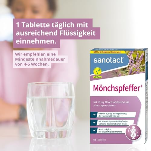 sanotact Mönchspfeffer Tabletten hochdosiert – 15 mg Vitex Agnus Castus – mit Vitamin B6, Magnesium & Pantothensäure – zur Regulierung der Hormonaktivitäten – vegan – 60 Tabletten – Made in Germany