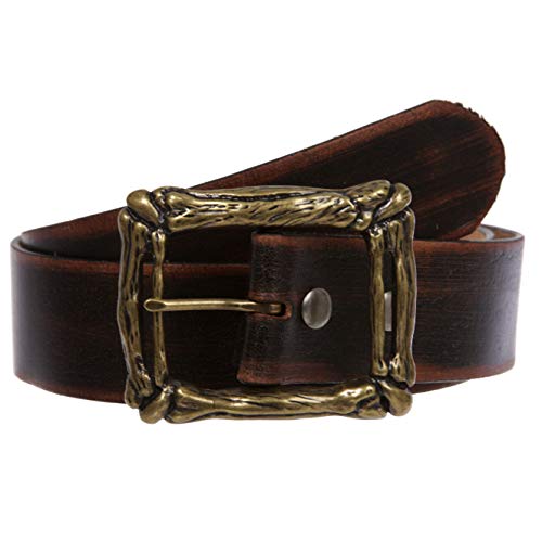Western Vintage Retro Distressed Solid Leather Belt with Curved Bone Buckle, Black | S - 32