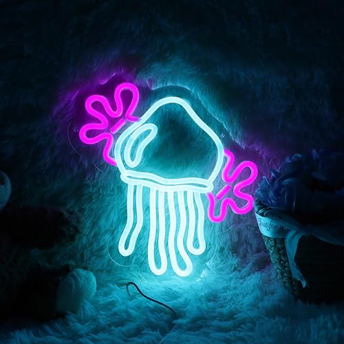 Image of Jellyfish Neon Sign Medusa Neon Light Jellyfish LED Neon Light Up Sign for Room Decor Ocean Style Room Wall Art 10.7 inchx11.4 inch