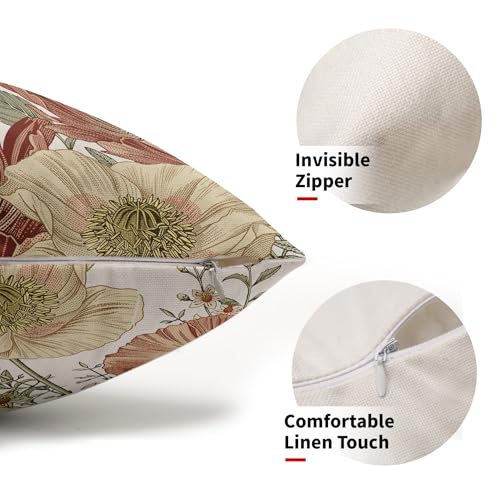 Red Rust Brown Floral Vintage Lumbar Pillow Covers 12x20 Inch Set of 2 Botanical Decor