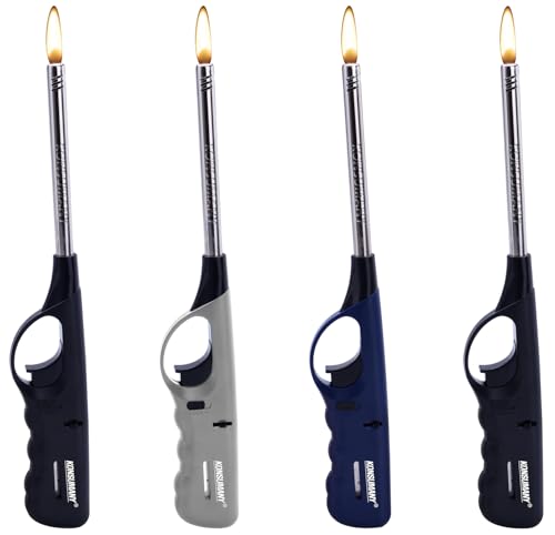 KONSUMANY 4 Stück Stabfeuerzeug Gas Feuerzeug 27 cm Lang Nachfüllbar (Grau, Blau, Schwarz + 4. Farbe nach Verfügbarkeit)