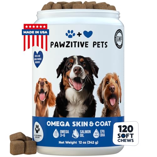 Chews for Dogs, Omega 3 Fish Oil - Dog Coat & Skin Supplement - USA Product - Itch Relief, Hot Spot Treatment - Salmon Oil for Dogs - 120 Soft Treats - Itching Skin Relief, Shedding, Hip & Joint