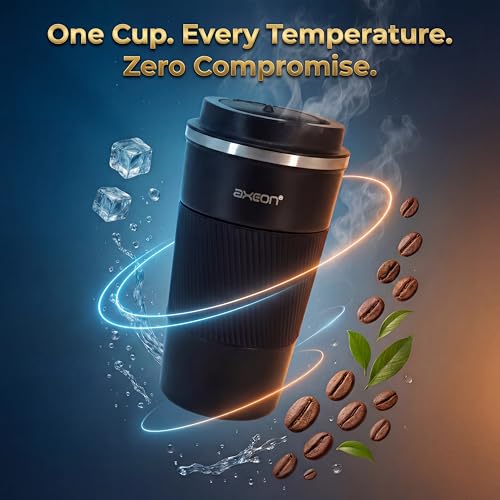 Image of AXEON Stainless Steel Travel Coffee Mug - 510ml | Leakproof Tumbler with Flip-Top Lid | Portable Coffee Cup with Non-Slip Grip & Anti-Skid Base | Travel Mug for Office, Car, Meditation & Home