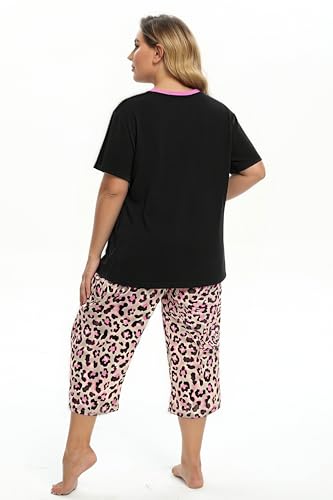 Image of Vozanet Women's Pajamas Set Soft V Neck Sleepwear Top and Capri Pj Lounge Sets Cartoon Heart Shape Cat Nighty Plus Size