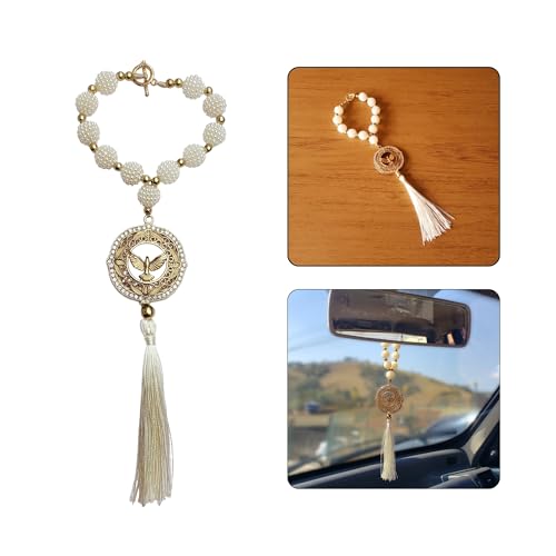 Terço Dezena Retrovisor Carro Divino Espírito Santo Acessórios Bolsa Mochila Oratório (1, 1 Divino - Amora Pérola - Strass Branco)