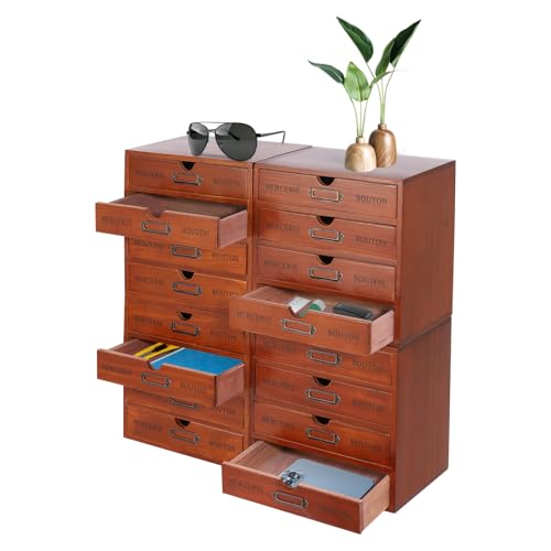 KWCWB 16-Drawer Wooden Desk Organizer, Stackable 4Pcs 4-Slot Apothecary Cabinet with Drawers Desk Organizer Wood,Vintage Library Card Catalog Cabinet with Label Holders Wooden Drawer Unit