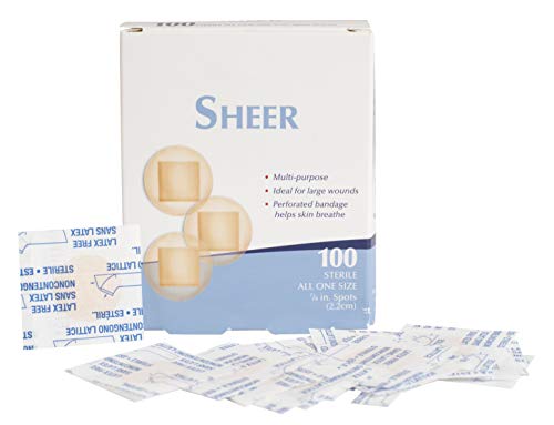 Sheer Bandages. Pack of 100 Adhesive Spots 7/8" for Wound Protection. Sterile Bandages