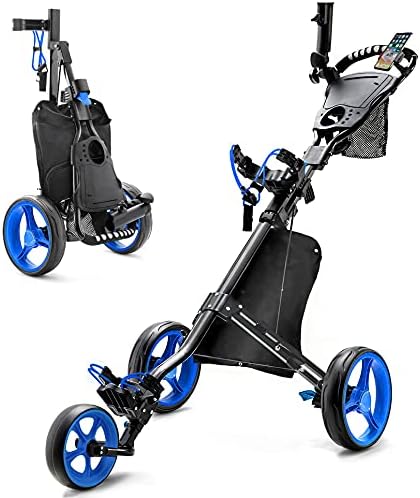 HINXIETIE Golf Push Carts, 3 Wheel Golf Carts, Foldable Golf Carts with Foot Brake, Lightweight Golf Pull Carts with Phone Holder, Umbrella Holder, Cup Holder, Scoreboard Holder for Golf Bags