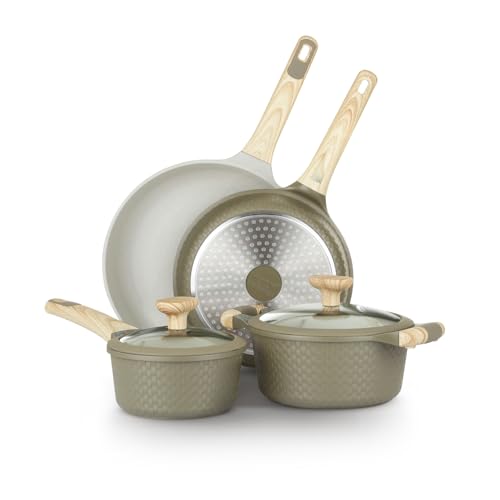 KASANOVA Set di Pentole Antiaderente Bambù, Adatte a Induzione, con Coperchi in Vetro Temperato (Verde e Crema, 6 pezzi)