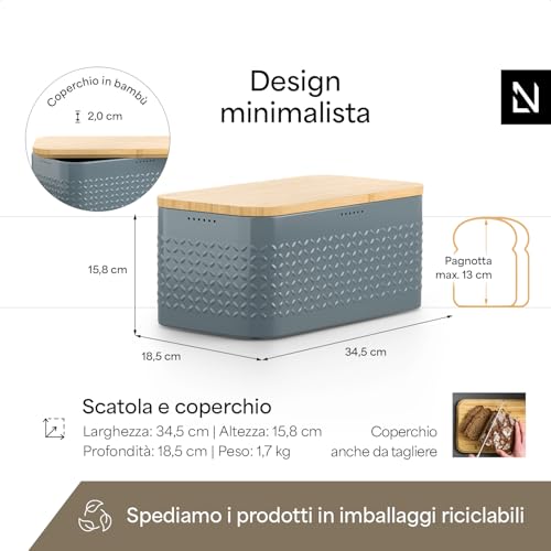 Image of LARS NYSOM Bread Box I Metal bread box for long lasting freshness with non-slip pads I Baked goods Bin with bamboo lid usable as cutting board I 13.6x7.3x6.2in (Stone Blue)