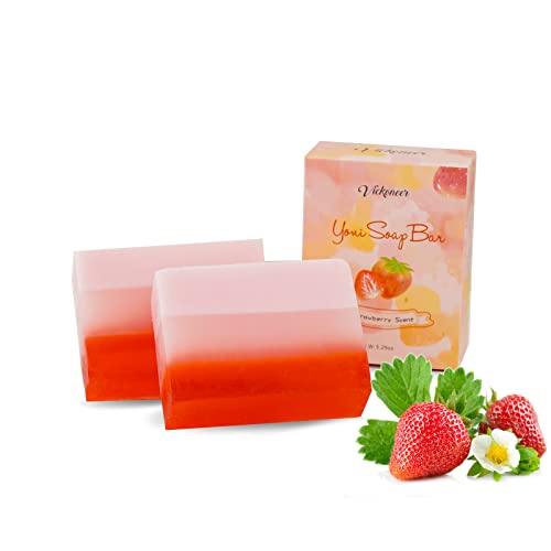 2 PCS Yoni Soap Bars for Women Feminine Wash Bar, Ph Balance, Eliminates Odor, Moisturizing Intimate, Natural Vaginal Yoni Wash Vaginal Deodorants, Vagina Care Strawberry Soap with Foam Net 5.29 oz