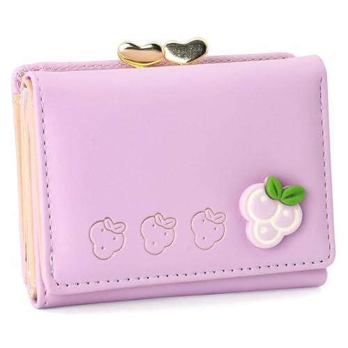 Image of Valerie Cute Small Wallets Clutch for Teen Girl Women PU Leather Trifold Small Wallet Cash Pocket 3D Buckle Card Holder Coin Purse with ID Window for Girls Women (Purple)