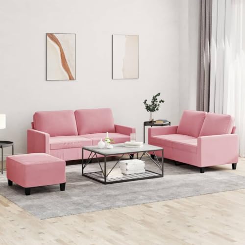 Ordellia Juego de 3 piezas de sofá con cojines, terciopelo rosa, estructura de metal resistente, acolchado cómodo para salón, muebles de asiento versátiles