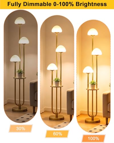 Image of Gold Dimmable Floor Lamp with Table Modern Floor Lamps with 5Lbs Heavy Base for Living Room 3000K Tall Standing Lamp with Mushroom Shades & Bulbs Included for Bedroom /Office / /Sofa Beside /Corner Decor