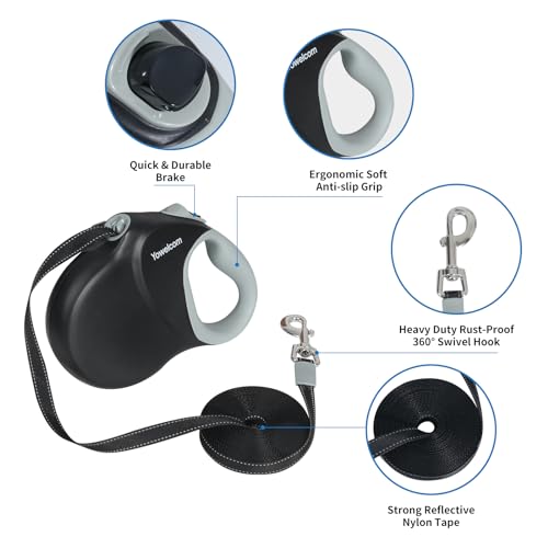 Retractable Dog Leash Strong Nylon Tape 26Ft Reflective Stitch for Night Walking One-Handed Brake Anti-Slip Handle