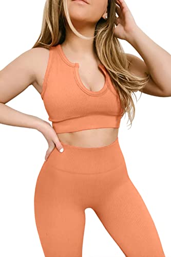 Qinsen Seamless Workout Set Cropped Tank Tops For Women 2 Piece Yoga Outfits Active Leggings Light Orange S #TOP3