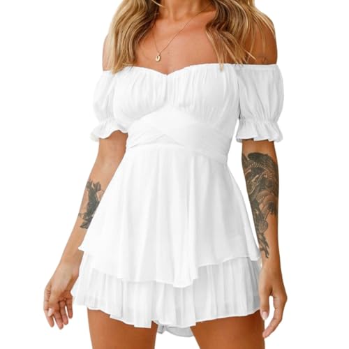 Mono de manga corta para mujer con elegantes minipantalones cortos y volantes