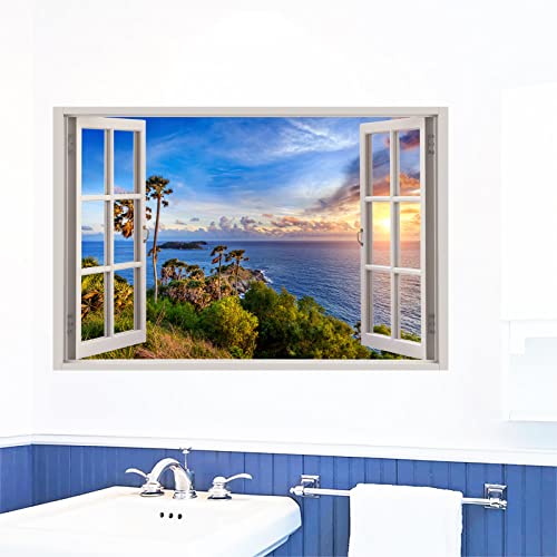 3D Sunset Scenery Fake Window Wall Stickers, Tropical Island Window View Wall Decals, Removable Vinyl Wall Mural Decor Art For Living Room Bedroom Bathroom #TOP4