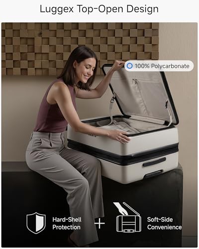 Image of Carry On Luggage 22x14x9 Airline Approved, FLO-Core Expandable Polycarbonate Hard Shell Suitcase with Front Pocket, Beige, 28 Inch, Checked Luggage