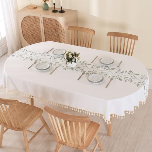 SUCHDECO Nappe Ovale Anti Tache en Cotton Lin Beige, Nappe de Table Linge de Table Lavable avec Franges et Broderie de Feuilles Vertes, Nappes pour Table à Manger...