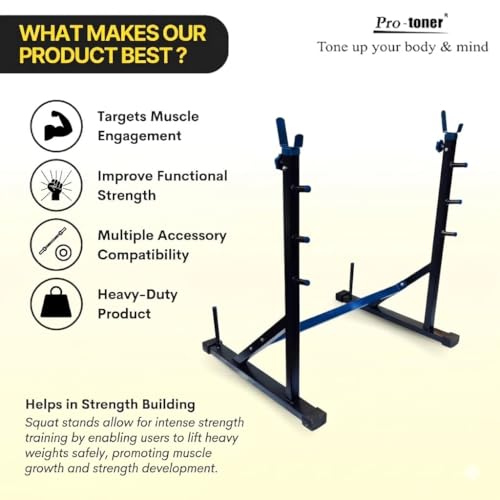 Image of Protoner Joint Squat Stand with Safety Holders, Heavy Duty Metal Frame, Adjustable Height, for Squats and Bench Presslue (Black & Blue)