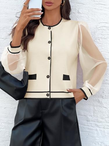 Saodimallsu Womens Dressy Sheer Mesh Puff Sleeve Cardigan Sweaters Color Block Button Shirts Crewneck Knit Blouse Tops3