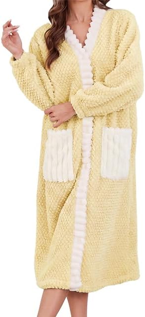 LYCY Womens Plush Robe, Warm Button Up Fluffy Long Bathrobe for Winter