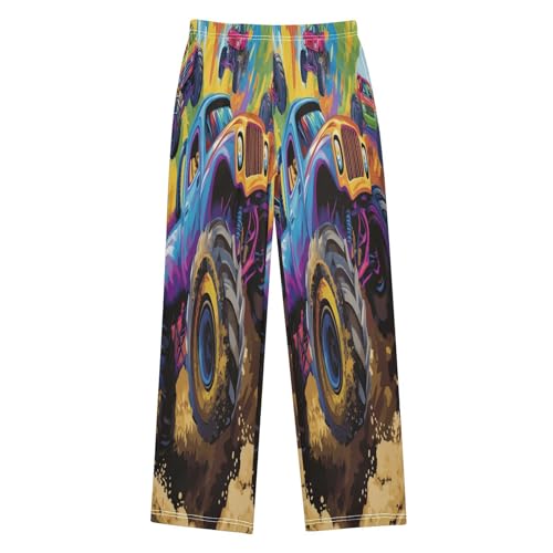 Colorful Monster Trucks Cartoon Lounge Pajama Pants Soft PJ Bottoms for Sleepwear Ages 6-14 Years