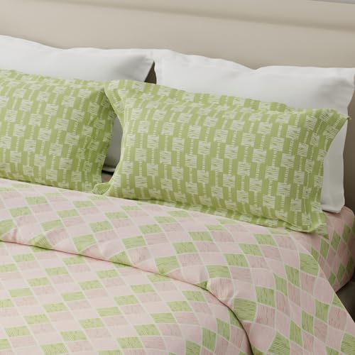Image of Layers 100% Cotton for Double Size Bed | 120 TC Geometric, Soft, Breathable, Machine Washable Bedsheet with 2 Pillow Covers | Forever Collection (224 x 254 cm) - Pink & Green