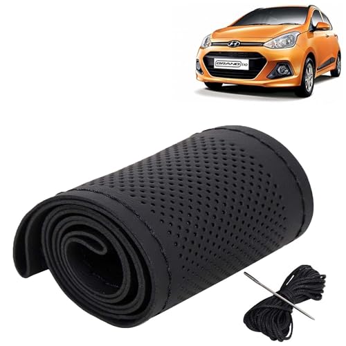 Image of KINGSWAY PU Leatherite Car Steering Cover Sewable Compatible with Hyundai Grand I10 (Year 2013-2017), Black Color with Black Thread, Pack of 1 with Sewing Needle and Thread