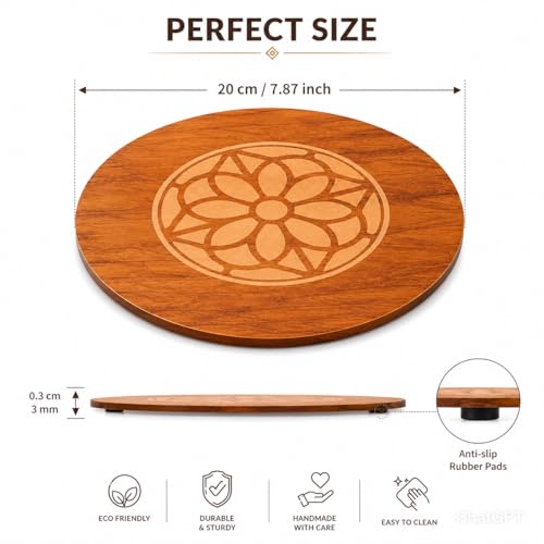 Image of Round Wooden Trivet Set of 4 (20cm) | Heat Resistant Hot Pot Stand | Bamboo Table Mats with Engraved Design | Anti-Slip Dining Table Protector | Wooden Coaster for Kitchen & Cookware (Classic Floral)