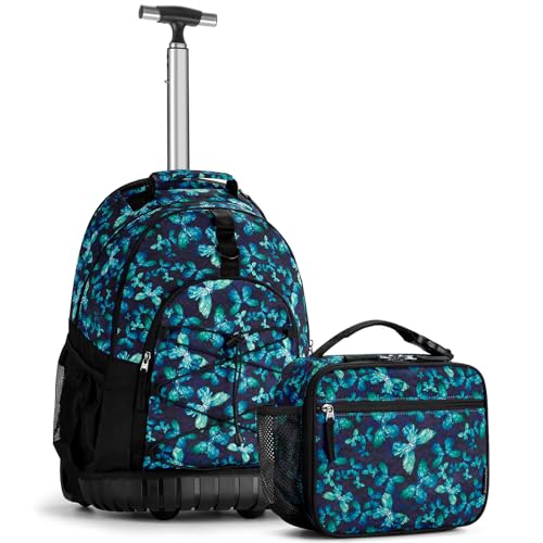 Choco Mocha Rolling Backpack for Girls, 18 Inch Roller Backpack for Middle School Bookbag with Wheels for Teen Girl, Butterfly Rolling Backpacks for Girls 8-12 with Lunch Bag Set, Blue