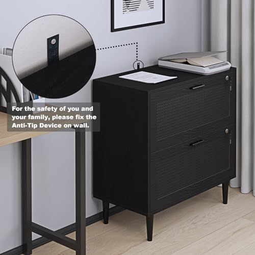 CQ Hi-Q Furniture 2 Drawer File Cabinet, Lateral File Cabinet with Lock, Rattan Wood Filing Organization Cabinet for Home Office, Black - Image 7