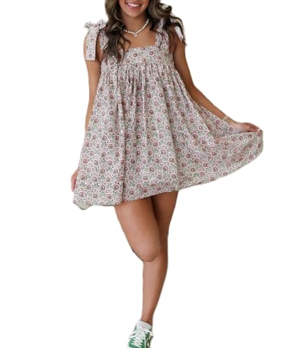 Image of Women Tie Shoulder Mini Dress Floral Ruffle Babydoll Dress Boho Square Neck Sundress Cute Summer Dresses