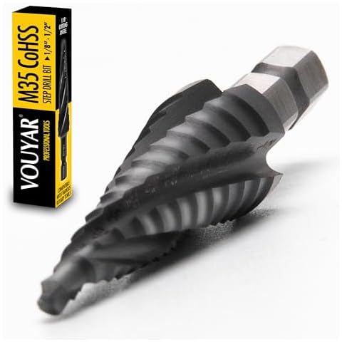 Vouyar Four Spiral Flute Cobalt Step Drill Bit, 1/8" - 1/2" M35 TiAlN Coating Impact Ready Unibit Step Drill Bit, 1/4" Hex Shank Step Bit for Metal, Stainless Steel, Aluminum, Plastic Cover