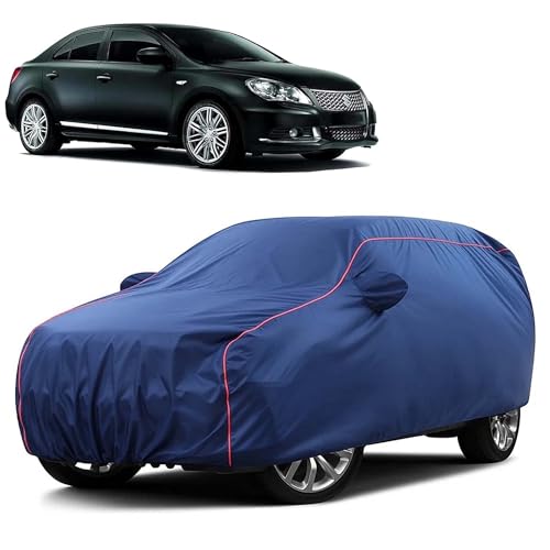 Image of Sulfar 100% Water Resistant Car Body Cover Compatible with Mirror for Maruti Suzuki Kizashi (Triple Stitched, Full Bottom Elastic, Blue Taffeta with Red Piping)