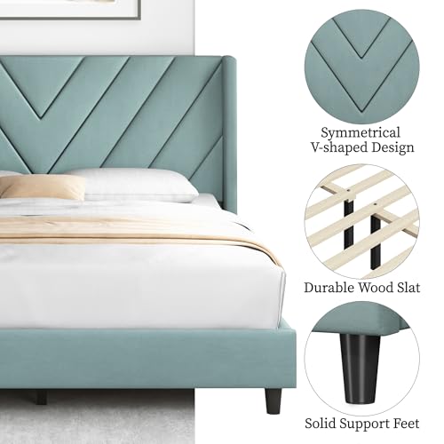 Yaheetech Queen Bed Frame Upholstered Platform Bed with Wing Side/Wooden Slat Support/Tufted Headboard with Wing Side/Mattress Foundation/No Box Spring Needed,Blue Lake Queen Bed