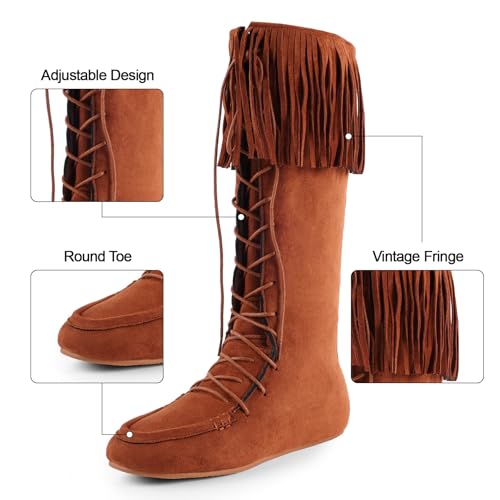 FancyQueen Fringe Boots for Women Lace Up Suede Knee High Flat Boots for Women no Heel with Zipper Comfortable Mid Calf Casual Boot4