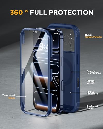 Image of Miracase for iPhone 17 Pro Case with 360 Spin Magnetic Stand, Full-Body Phone Case with Built-in Glass Screen Protector & Camera Control, Drop Proof iPhone 17 Pro Cover, Dark Blue