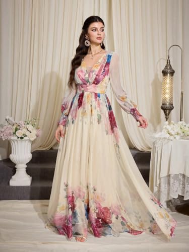 Image of TOLEEN Summer Casual Dresses for Women 2026 Spring Fashion Boho V Neck Long Sleeve Ruffle Floral Print Elegant Maxi Dress