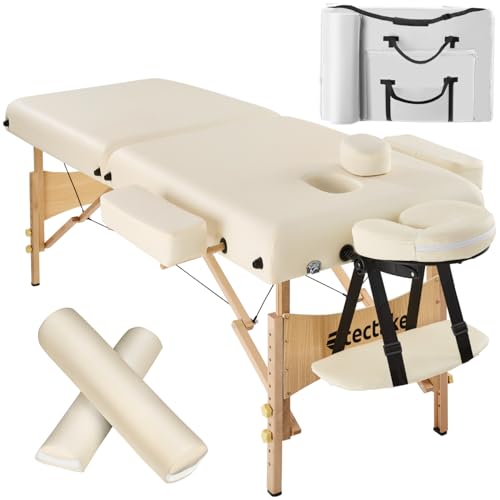 tectake® Camilla Masaje Plegable de Madera, Camilla Profesional Bizona para Fisioterapia, Quiromasaje, Tatoos, Reiki, Camilla Estética Profesional Ajustable, Con Bolsa Transporte y Cojines - beige