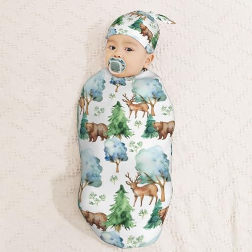 Image of Cute Animal Tree Bears Deer Newborn Swaddle Blanket with Beanie Hat Set Soft Baby Receiving Blankets Swaddle Swaddle Blankets for Baby Boys and Girls