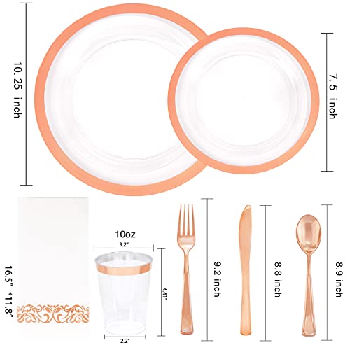 YOUBET 175PCS Rose Gold Plastic Plates - Clear Plastic Plates Disposable with Rose Gold Rim includes 50 Plates, 25Forks, 25Knives, 25Spoons, 25Cups, 25Napkins for Party & Wedding by YOUBET - Image 2