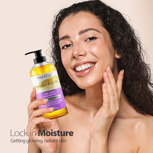 Image of PHATOIL Lavender Body Oil with Pump, 260 ml (8.8 fl.oz) Premium Quality Massage Oil, Versatile Skin Care Hair Care, Blends of Natural Plant Oils and Essential Oils, Body Oils for Women and Men