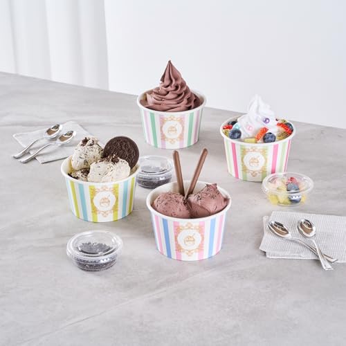 Image of Restaurantware Paper Cups 200 Count 8 Ounce Square Disposable Ice Cream Containers, Leak-Resistant Paper Dessert To Go Cups, Hot And Cold Food, Durable Assorted Stripe Design